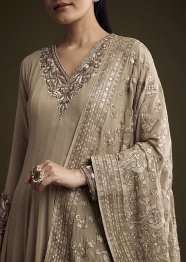 Beige Georgette Anarkali Suit With Sequins And Thread Embroidery