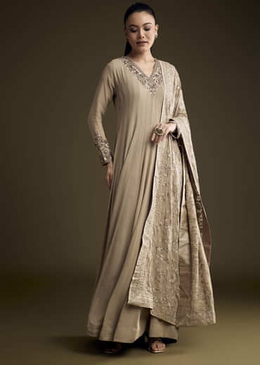 Beige Georgette Anarkali Suit With Sequins And Thread Embroidery