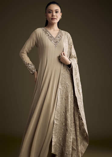 Beige Georgette Anarkali Suit With Sequins And Thread Embroidery