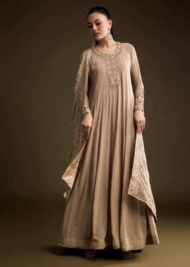 Beige Georgette Anarkali Suit With Thread And Sequins Embroidery