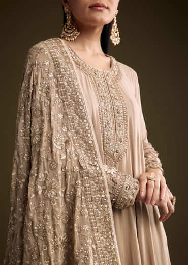 Beige Georgette Anarkali Suit With Thread And Sequins Embroidery