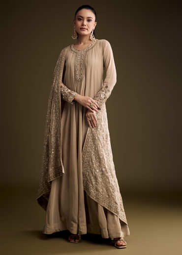 Beige Georgette Anarkali Suit With Thread And Sequins Embroidery
