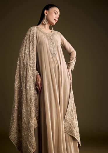 Beige Georgette Anarkali Suit With Thread And Sequins Embroidery