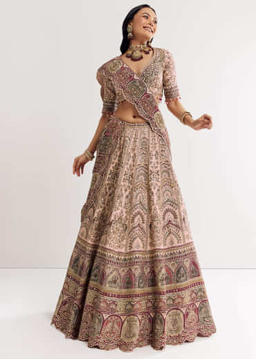 Beige Georgette Printed V Neckline Lehenga With Crepe Dupatta
