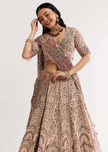 Beige Georgette Printed V Neckline Lehenga With Crepe Dupatta