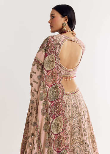 Beige Georgette Printed V Neckline Lehenga With Crepe Dupatta