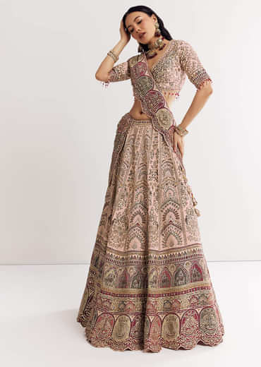 Beige Georgette Printed V Neckline Lehenga With Crepe Dupatta
