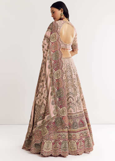 Beige Georgette Printed V Neckline Lehenga With Crepe Dupatta