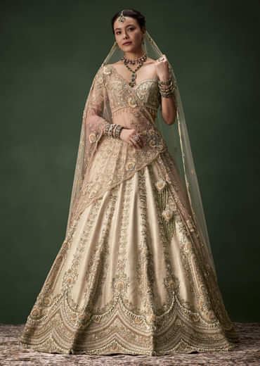 Beige Gold Bridal Raw Silk Lehenga Set with Two Dupattas