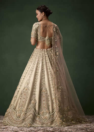 Beige Gold Bridal Raw Silk Lehenga Set with Two Dupattas