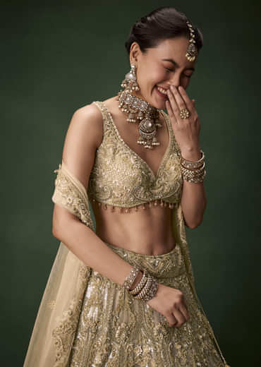 Beige Gold Heavy Work Bridal Lehenga Set with Two Dupattas