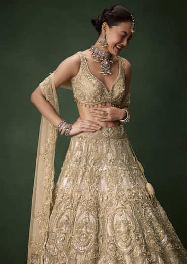 Beige Gold Heavy Work Bridal Lehenga Set with Two Dupattas