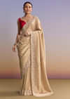 Beige Gold Jacquard Saree With Cutwork Floral Embroidery