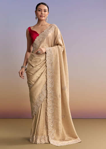 Beige Gold Jacquard Saree With Cutwork Floral Embroidery