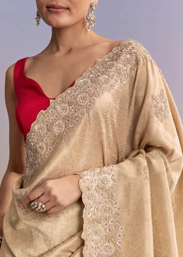 Beige Gold Jacquard Saree With Cutwork Floral Embroidery