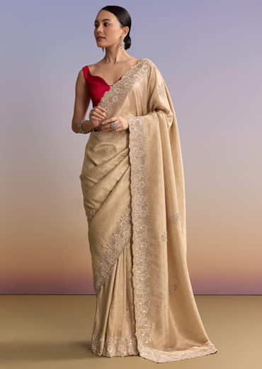 Beige Gold Jacquard Saree With Cutwork Floral Embroidery