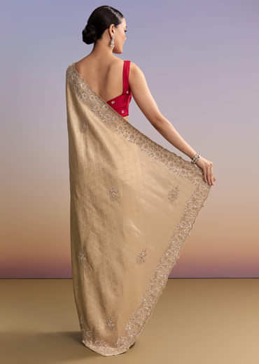 Beige Gold Jacquard Saree With Cutwork Floral Embroidery