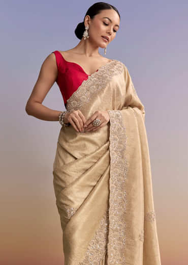 Beige Gold Jacquard Saree With Cutwork Floral Embroidery