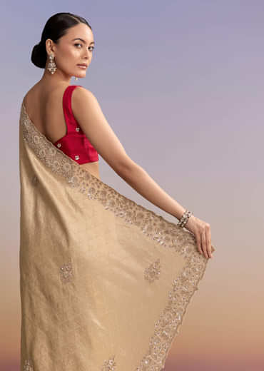 Beige Gold Jacquard Saree With Cutwork Floral Embroidery