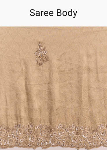 Beige Gold Jacquard Saree With Cutwork Floral Embroidery