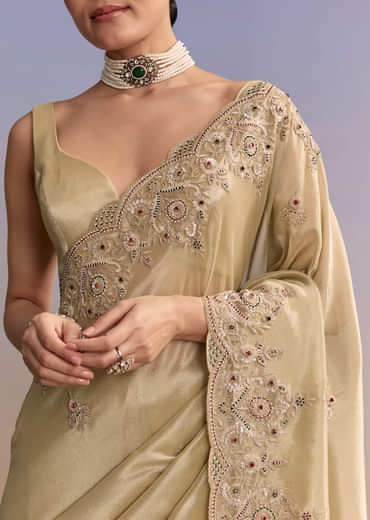 Beige Gold Tissue Embroidered Saree With Zardosi And Stone Work