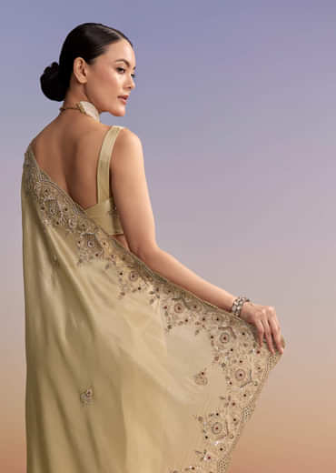 Beige Gold Tissue Embroidered Saree With Zardosi And Stone Work