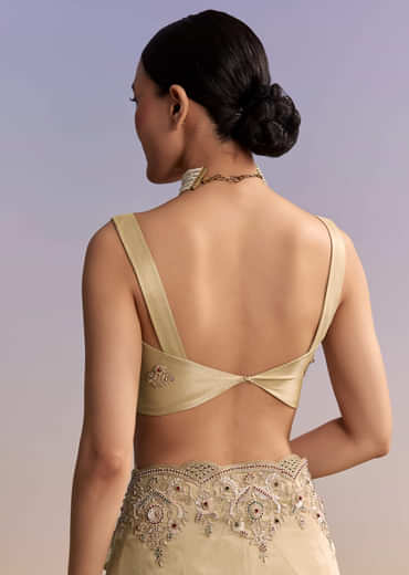 Beige Gold Tissue Embroidered Saree With Zardosi And Stone Work