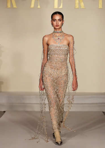 Beige Ivory Net Tube Ankle Length Gown With Shimmer Accents