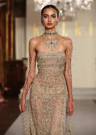 Beige Ivory Net Tube Ankle Length Gown With Shimmer Accents