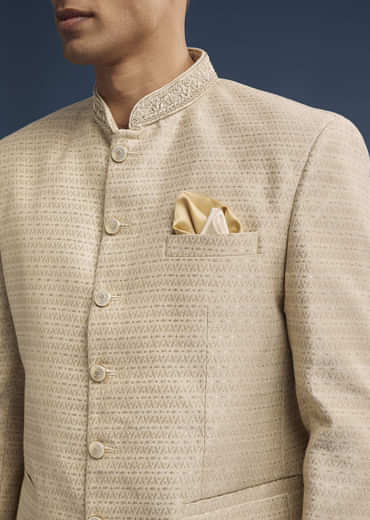 Beige Jacquard Jodhpuri Suit For Men With Hand Embroidery