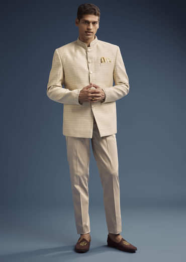 Beige Jacquard Jodhpuri Suit For Men With Hand Embroidery