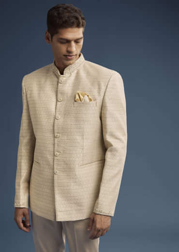 Beige Jacquard Jodhpuri Suit For Men With Hand Embroidery