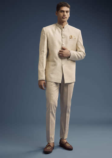 Beige Jacquard Jodhpuri Suit For Men With Hand Embroidery