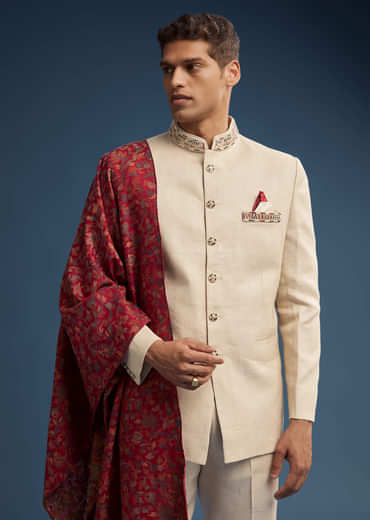 Beige Jacquard Jodhpuri Suit For Men With Pashmina Dupatta