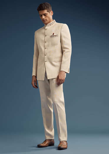 Beige Jacquard Jodhpuri Suit For Men With Pashmina Dupatta