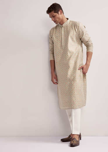 Beige Jacquard Kurta Set For Men With Subtle Weave