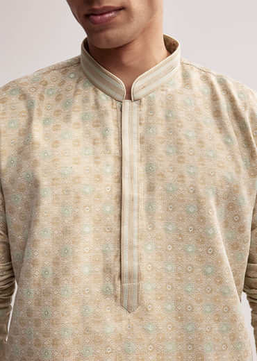 Beige Jacquard Kurta Set For Men With Subtle Weave