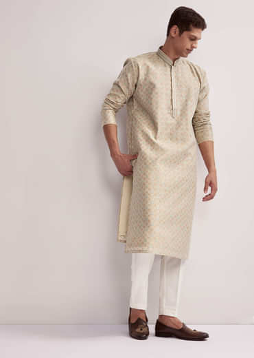 Beige Jacquard Kurta Set For Men With Subtle Weave
