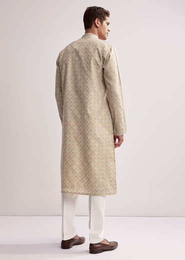 Beige Jacquard Kurta Set For Men With Subtle Weave