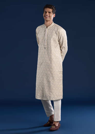 Beige Jacquard Mens Kurta and Pant Set