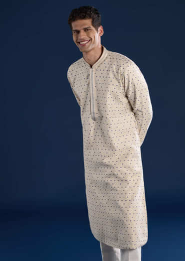 Beige Jacquard Mens Kurta and Pant Set