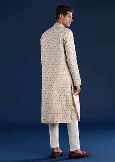 Beige Jacquard Mens Kurta and Pant Set