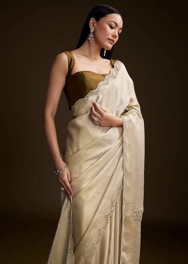 Beige Jacquard Saree With Zardosi And Mirror Embroidery