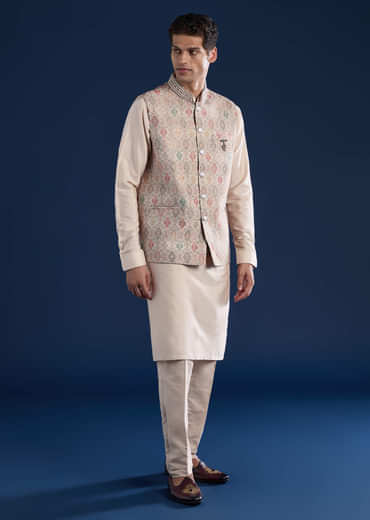 Beige Jacquard Silk Embroidered Jacket Kurta Set