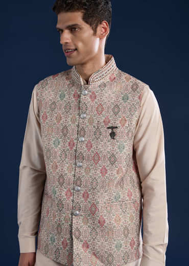 Beige Jacquard Silk Embroidered Jacket Kurta Set