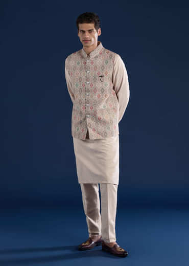 Beige Jacquard Silk Embroidered Jacket Kurta Set