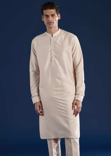 Beige Jacquard Silk Embroidered Jacket Kurta Set