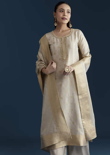 Beige Jacquard Weave Tissue Kurta Palazzo Set