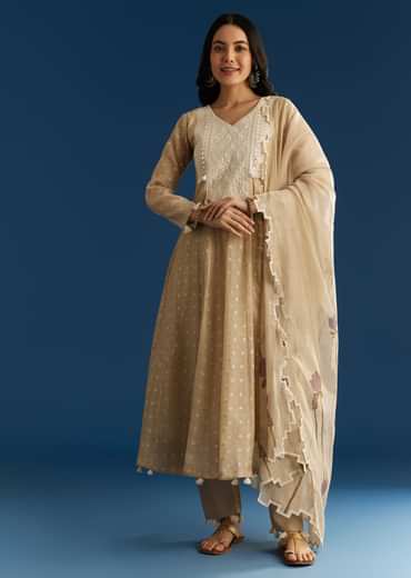 Beige Jamdani Anarkali Set With Thread Work Yoke And Floral Dupatta