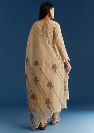 Beige Jamdani Anarkali Set With Thread Work Yoke And Floral Dupatta